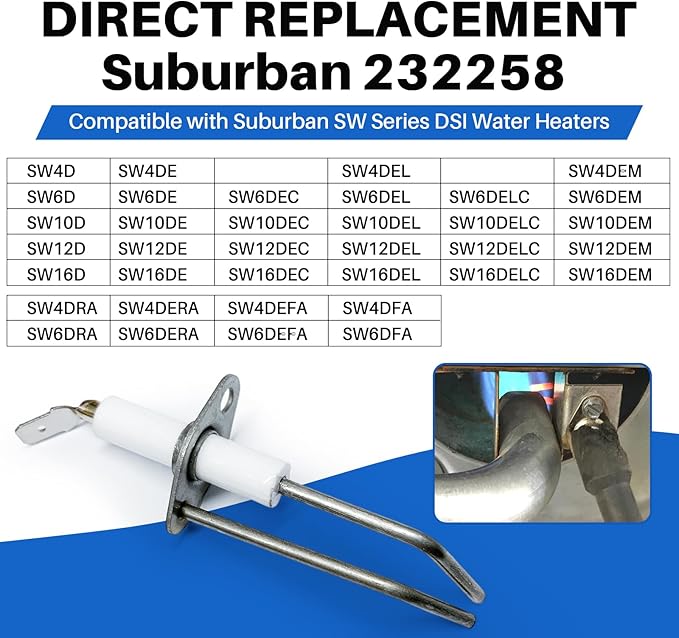 232258 RV Water Heater 2-Prong Electrode Assembly for Suburban water heaters SW Series SW-4/6/10/12/16-D/DE/DEC/DEL/DELC/DEM/DRA/DERA/DFA/DEFA DSI Electrode Probe Igniter