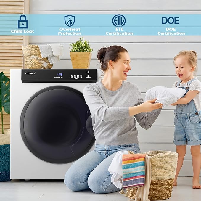 COSTWAY Compact, Touch Panel, 2 Modes, 3 Heating Powers and Adjustable Exhaust Vent, 8.8 LBS Front Load Tumble Laundry Apartment, Dorm and Home, 1400W, White Portable Dryer