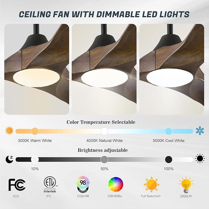 52 Inch Smart Ceiling Fan with Lights, Outdoor Ceiling Fans for Patios Damp Rated, 3 Blades Propeller Walnut Wood Farmhouse Ceiling Fan, Large Airflow DC Ceiling Fan with Remote/APP/Alexa Control