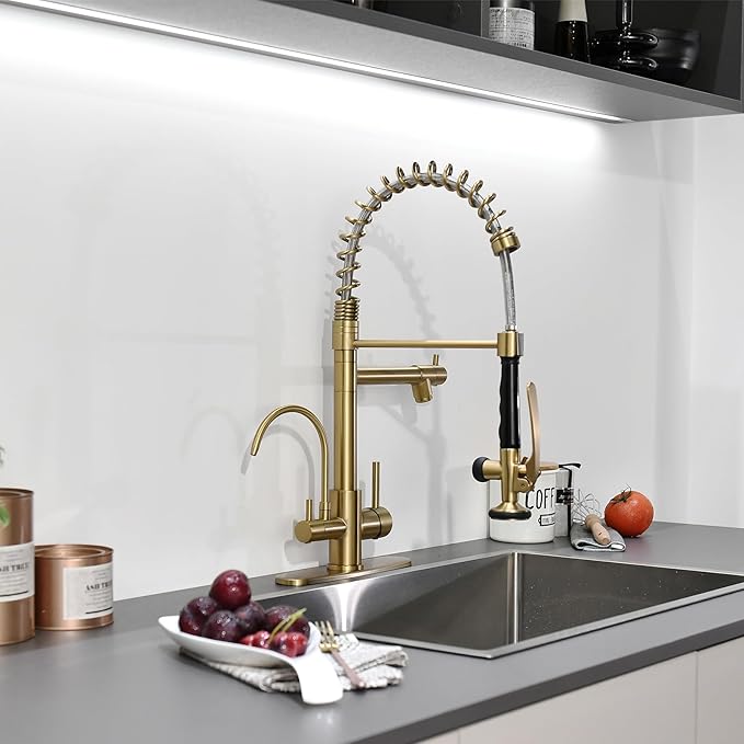 Fapully Brushed Gold Commercial Kitchen Faucet with Pull Down Sprayer and Water Filter,3 in 1 Kitchen Faucets with Drinking Water Faucet
