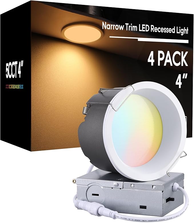 TORCHSTAR 4 Inch 5CCT LED Anti Glare LED Recessed Lights with J-Box, Narrow Trim Recessed Ceiling Light, Deep Trim Canless Downlight, Dimmable, CRI 90, 2700-5000K Selectable, ETL T24 FCC, Pack of 4