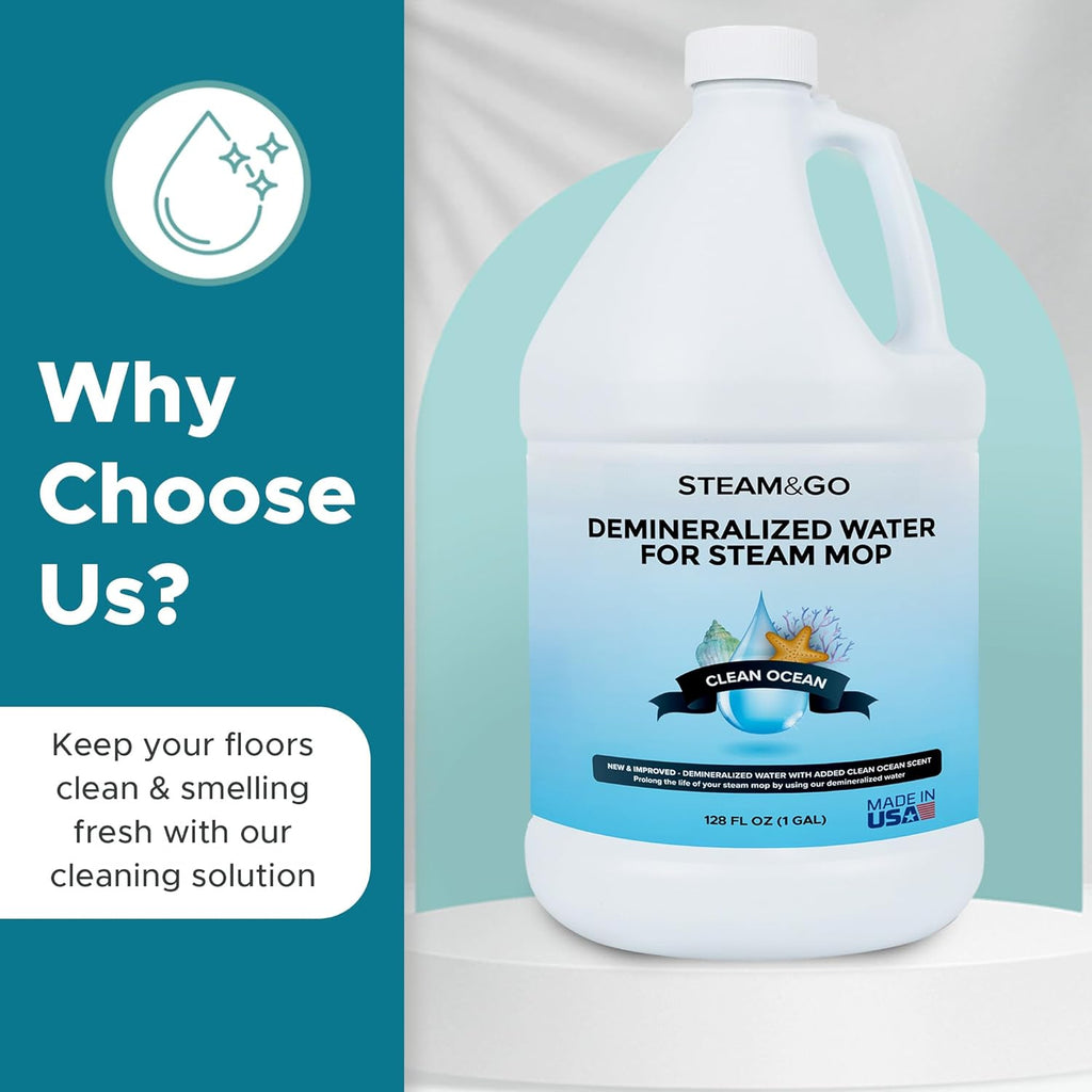 Steam & Go Demineralized Water - Multisurface Cleaner, PVC-Free Ready-to-Use for Mops & Floor Steamers - Ideal for Kitchen, Bathroom, & Home Surfaces - Clean Ocean Scent - 128 fl oz (1 gal)