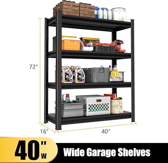 40" W Garage Shelving Heavy Duty, 1800LBS Loads Garage Storage Shelves Heavy Duty, 4-Tier Metal Shelving Units and Storage Racks, Industrial Utility Shelf,40" Wx16 Dx72 H, Black