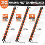 Renietco Magnetic Socket Organizer, 3-Piece Heavty Duty Aluminum Socket Holder, Socket Rail for Tool Box, Premium Quality 360° Swivel Socket Rack Kit with 40 Clips for 1/2, 3/8, 1/4-Inch(Orange)