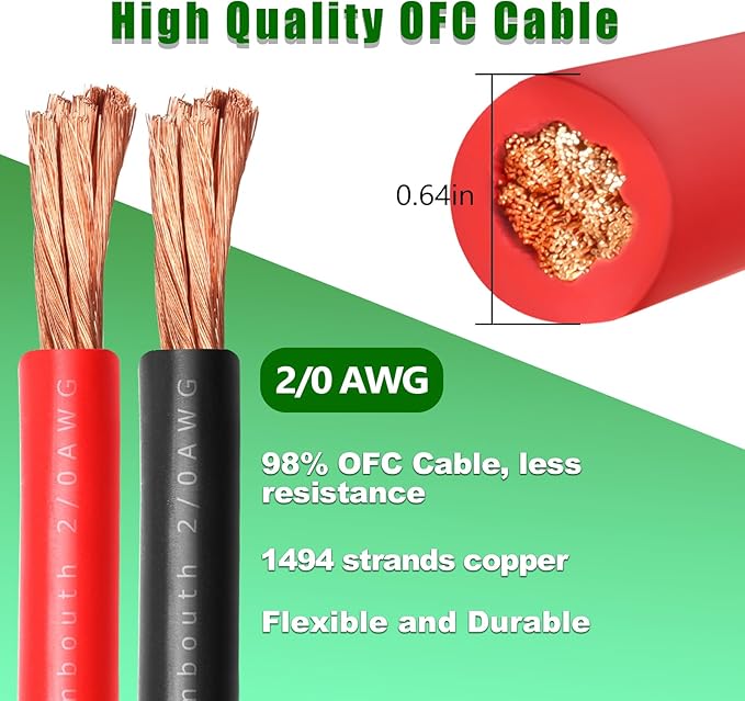 2/0 Gauge Battery Cable Copper Wire, 5FT Red+5FT Black 2/0 AWG Welding Cable Standard USA OFC Wire for Automotive, Battery, Solar, Marine and Generator