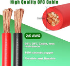 2/0 Gauge Battery Cable Copper Wire, 10FT Red+10FT Black 2/0 AWG Welding Cable Standard USA OFC Wire for Automotive, Battery, Solar, Marine and Generator