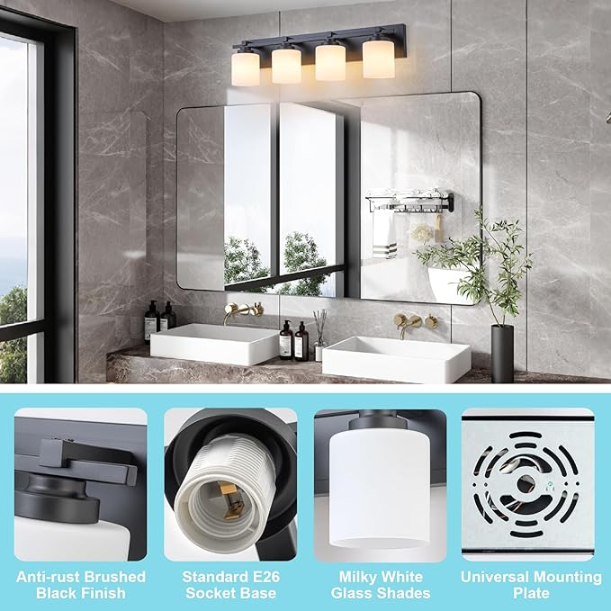 4 Light Modern Bathroom Light Fixtures Over Mirror, Black Vanity Lights for Bathroom Wall Sconces with Milky White Glass Shades, E26 Socket (Bulbs Not Included)