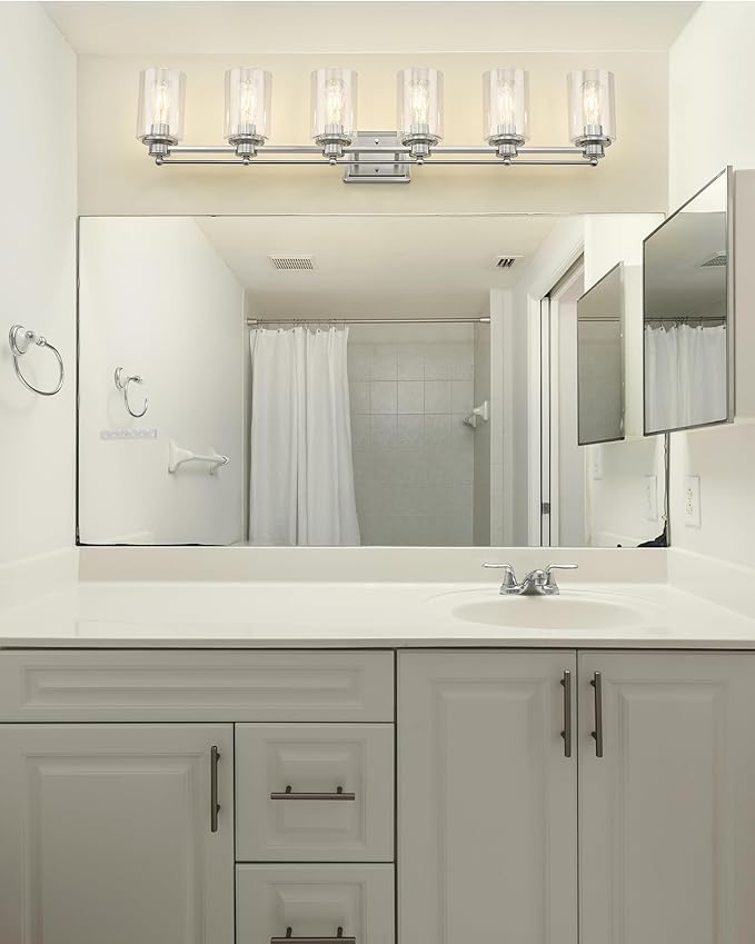 Bathroom Vanity Light Fixtures 6 Light, HWH Brushed Nickel Vanity Light Bathroom Lights Over Mirror, Wall Vanity Lights for Bathroom with Clear Glass Shade, 5HLT63B-6W BN