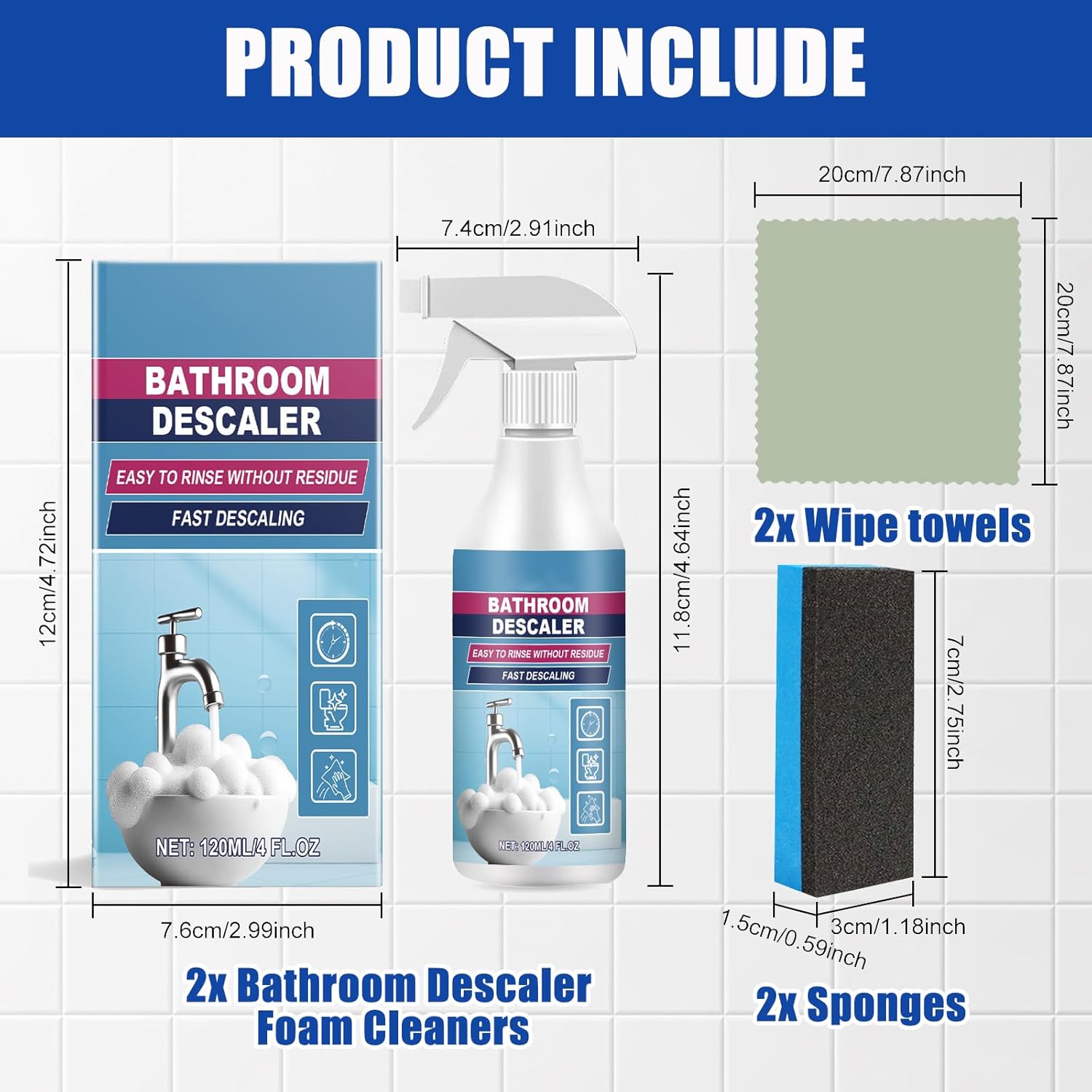 2pcs 120ml Bathroom Descaler Foam Cleaner Spray,2026 Upgrade Bathroom Foam Cleaner Spray,Multipurpose Stubborn Stains Cleaner for Walls,Toilet,Glass Sink