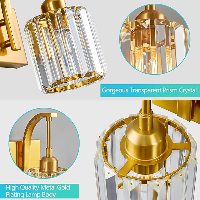 Bathroom Crystal Vanity Lights 2-Light Gold Wall Lamp Modern Crystal Bathroom Light Fixtures Over Mirror 13.77" Long Wall Sconce