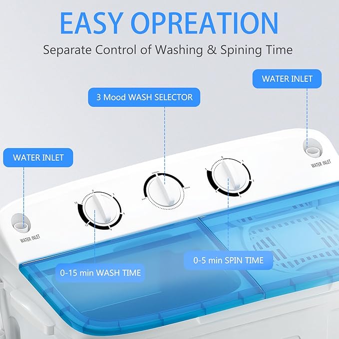 Portable Mini Twin Tub 18lbs Washing Machine With Drying Rack& 10 Hangers, 11lbs Washer & 7lbs Spinner, Small Laundry Washer with Time Control for Camping, Apartments, RV (18lbsBlue)