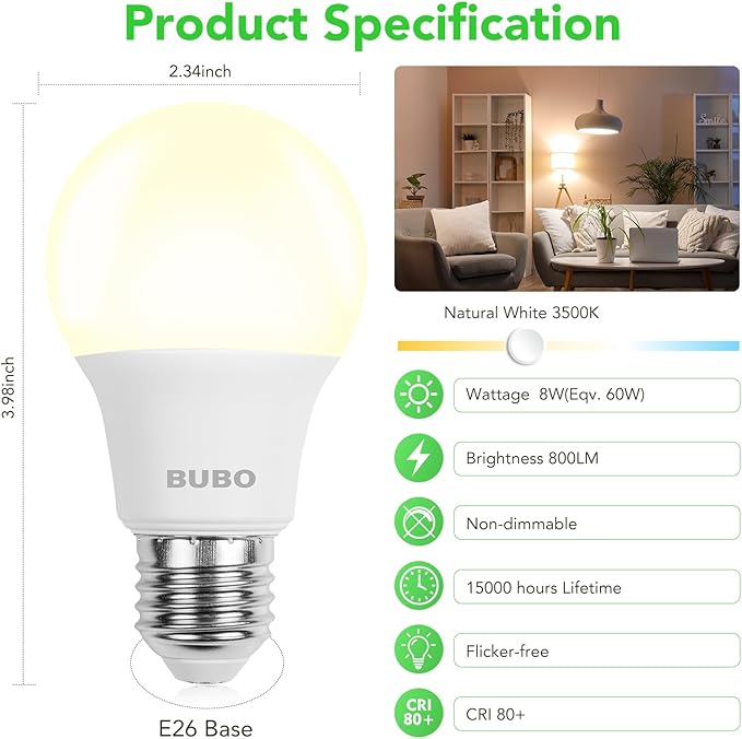 BUBO 36 Pack A19 LED Light Bulbs, 60 Watt Equivalent LED Bulbs, Natural White 3500K, 800 Lumens, E26 Standard Base, Non-Dimmable, 8W Natural White LED Bulbs for Bedroom Living Room Home Office