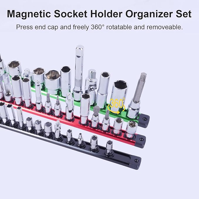 Magnetic Socket Holder Organizer Set: 3-Piece 1/4, 3/8, 1/2 Drive Socket Trays Socket, 360° Swivel Clips Socket Holder Kit, For Automotive Mechanic Garage (Black Red Green)