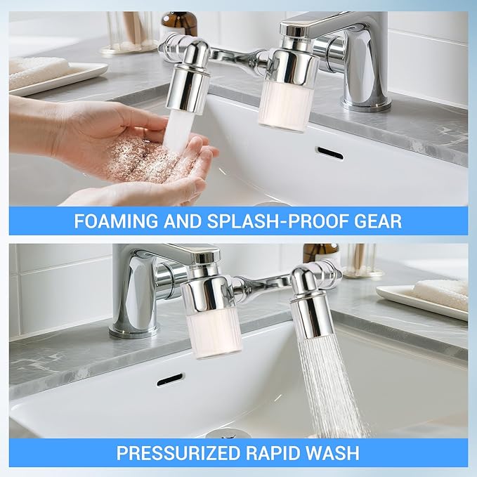 1080° Swivel Tap Extension, Swivel Robot Arm Bathroom Tap Extension, Kitchen Swivel Extension Filter with 2 Mode Splash Proofing (Extender with filter, Silver coloured)