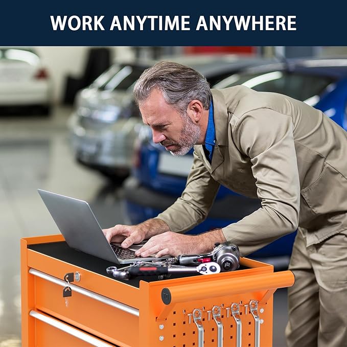 5-Drawer Metal Rolling Tool Chest with Wheels,Tool Storage Cabinet with Locking System，Toolbox with Wheels for Garage, Warehouse, Workshop, Repair Shop (Orange, 5Drawer)