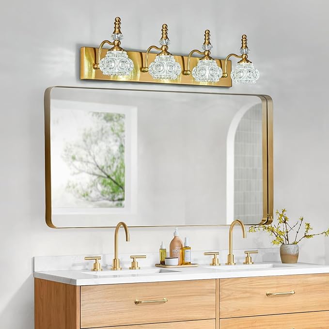 Modern Glass Crystal Vanity Light - Vintage Bathroom Lighting Fixtures Over Mirror, 4 Light Vanity Lights G9 Bulb (27.55 Inch, Gold)