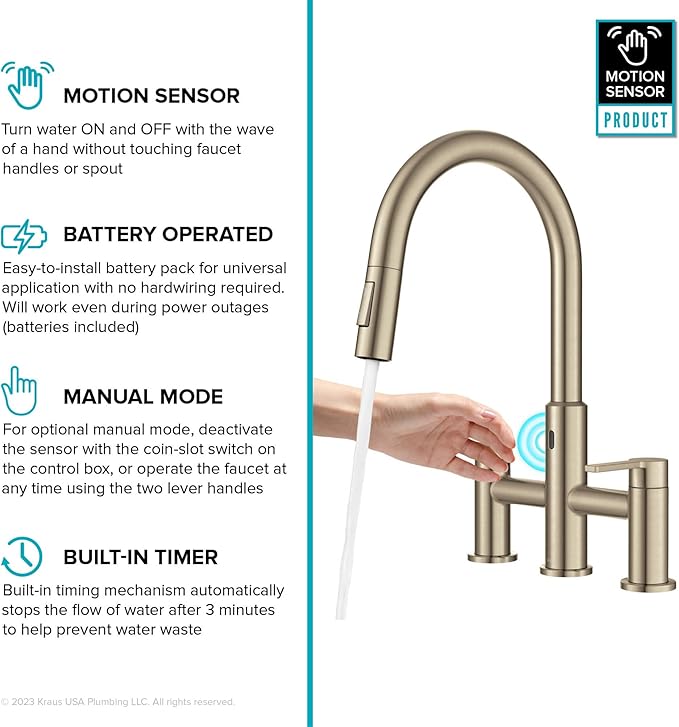 KRAUS Oletto Touchless Sensor Bridge Kitchen Faucet with Pull-Down Sprayhead in Spot-Free Antique Champagne Bronze, KSF-3122SFACB