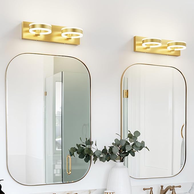 LED Bathroom Light Fixtures,15inch Gold Vanity Lights, Modern 2 Light Acrylic Wall Sconces, 350° Rotatable Wall Lighting Fixture Over Mirror