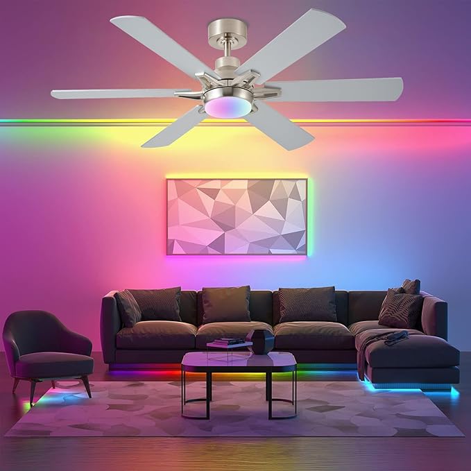 52in Ceiling Fans with Lights RGB Ceiling Fan with Light and Remote/APP Control,Low Profile Ceiling Fans with Lights for Bedroom,Living Room,Kids Room,3CCT Dimmable Modern Ceiling Fan, 8 Speeds,Nickel