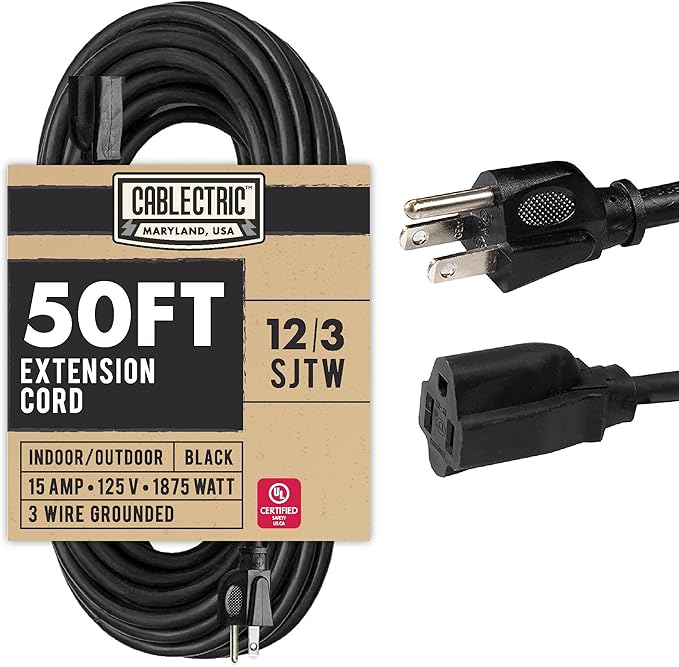 50 Ft Black Oil Resistant Extension Cord for Farms & Ranches - 12/3 SJTOW Heavy Duty 12 Gauge Outdoor Cable with 3 Prong Grounded Plug, 15 AMP