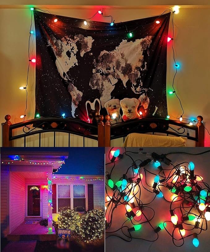 Couah Christmas Light Bulbs C7 Multi-Color Replacement Bulbs（25 Pack） C7 Ceramic Outdoor String Light Replacement Bulbs, C7/E12 Candelabra Base, 5 Watt