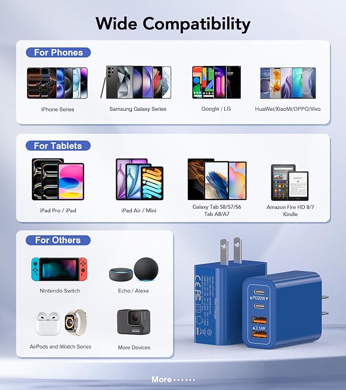 40W USB C Super Fast Charger Cube,2 Pack PD + QC Charging Block Power Adapter 4 Port Wall Mount Plug for iPhone 17 16 15 14 13 12, Motorola, LG, Google Pixel 6a/6 Pro/6/5a/5/4/4A Box Brick (Dark Blue)