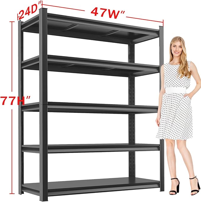 Metal Garage Storage Shelves Heavy Duty Shelving Unit 5 Tier Steel Adjustable Organizing Shelves 3000 LBS Capacity Industrial Shelving Ideal for Garage Tote Pantry Basement Outdoor, 77”Hx47”Wx24”D