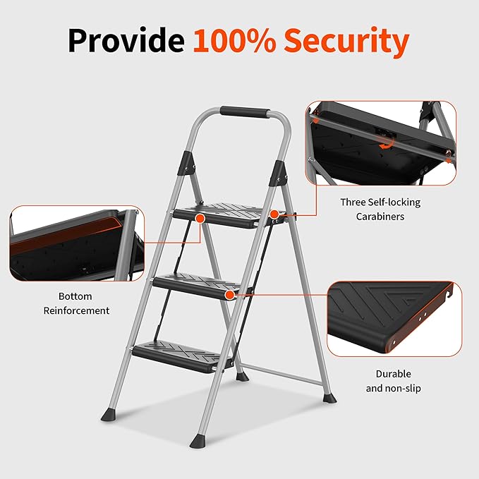 3 Step Ladder, Folding Step Stool with Anti-Slip Wide Pedal, Soft Handle, Anti-Slip Feet, Sturdiest Steel Construction, 900lbs Capacity Steel Ladder for Home and Office, Grey