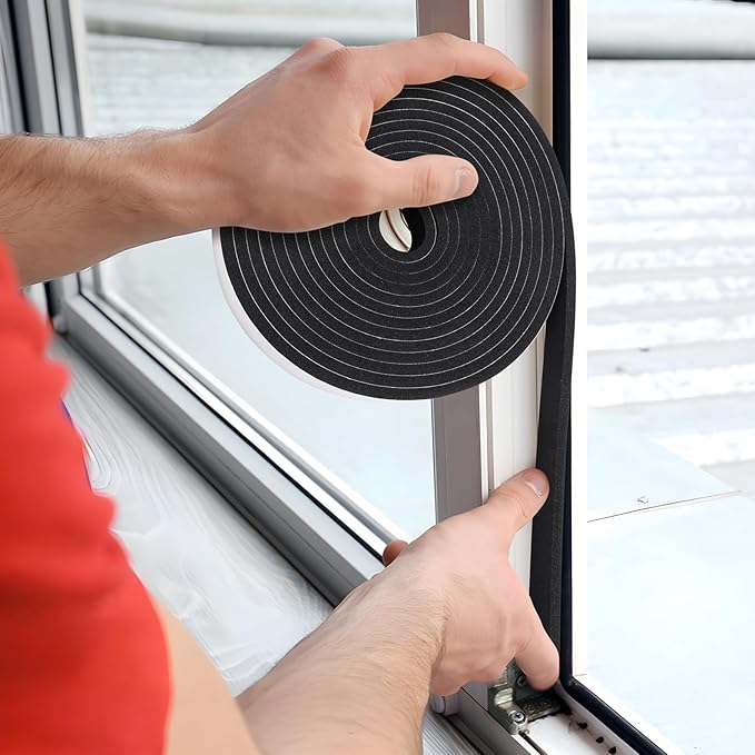 Weather Stripping Door Seal Strip (3/5 Inch X 1/8 Inch X 26Feet), Strong Adhesive, Lightproof, Soundproof, Weatherproof Foam Tape Insulation for Sliding Door, Front Door Frame, Windows- Black
