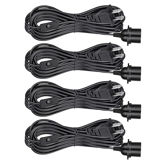 Plug in Pendant Light Cord Kit - 16Ft Light Socket with Cord E26/E27 Extension Hanging Lantern Lamp Cable with Switch,Socket Rings, 4 Pack, Black
