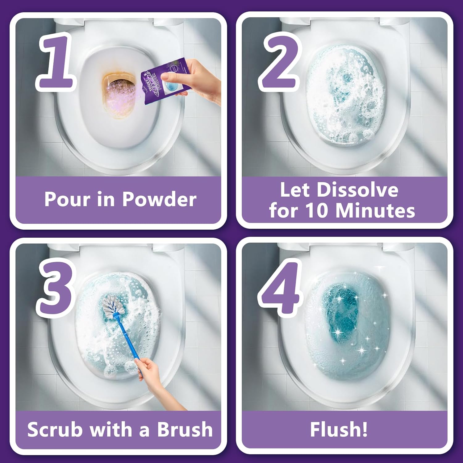 Toilet Bowl Cleaner Powder - Self-Activating Toilet Cleaner for Stubborn Stains & Limescale, Deep Cleaning Foam with Lavender Fragrance, Safe Toilet Cleaning Supplies (4 Packs × 3 oz)