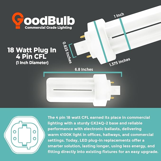 GoodBulb 18 Watt CFL Light Bulbs 4 Pin GX24Q-2 Base 4100K Cool White 18W High Output 1200 Lumens Triple Tube Compact Fluorescent Light Bulbs Plug-in 10 Pack