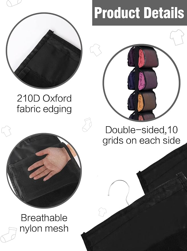 2 Pack Legging Storage Organizer, Hanging Closet Organizer System, Black Clothes Closets Holder with 20 Roll Independent Compartments for Yoga T-Shirts Bras Socks Pants Tank Top Towel