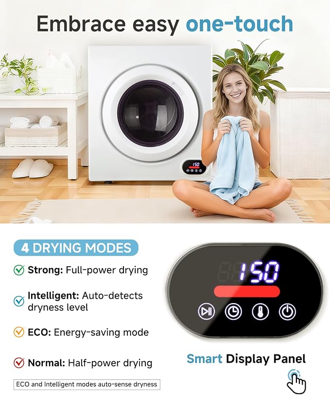 3.5 Cu.Ft Portable Clothes Dryer - 1500W Clothes Dryer with Stainless Steel Tub, Front Load Tumble, LCD Touch Panel - Compact Drying Unit for Laundry, Apartments, Dorms