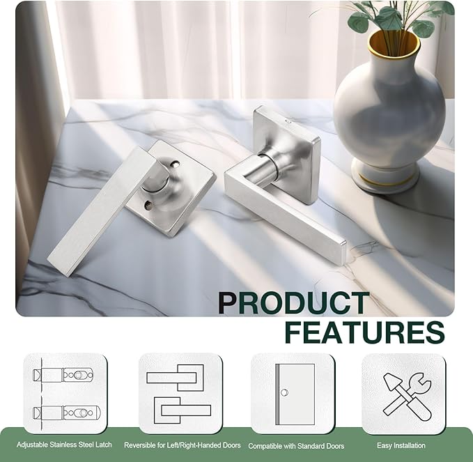 GOBEKOR 2 Pack Brushed Nickel Interior Door Handles Passage for Hallway Closet Lever Door Handles Square Door Levers Keyless Straight Door Lock