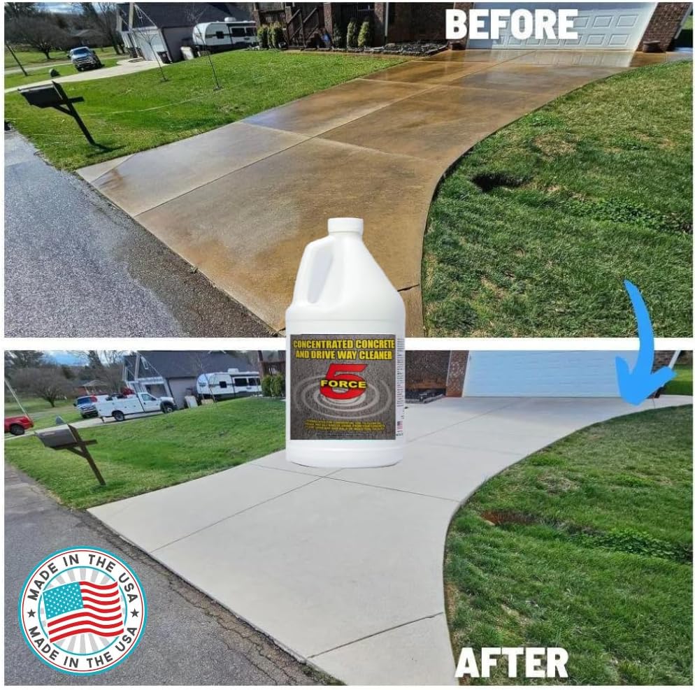 Force 5: Concentrated Outdoor, Concrete, Driveway and Sidewalk Cleaner. Remove, water stains. Dark dirt stains. Heavy Duty. Garage Floors & Warehouse. (1 Gallon)