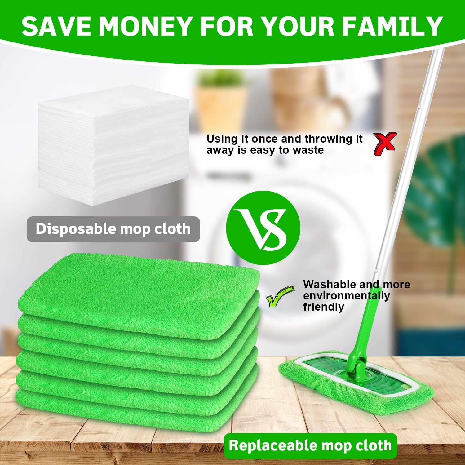 6 Pack Reusable Microfiber Mop Pads Compatible with Swiffer Sweeper Mop, Dry Sweeping Cloths & Wet Mopping Cloths, Washable Wet Pads Refill for Hardwood Surface Floor Cleaning