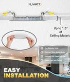 NUWATT 6 Pack, 6 Inch Ultra-Thin LED Recessed Lighting, CCT 2700K/3000K/3500K/4000K/5000K Selectable, 1050LM, 15W, Dimmable, IC Rated, Wet Rated, White Trim Canless Slim Wafer Light with Junction Box