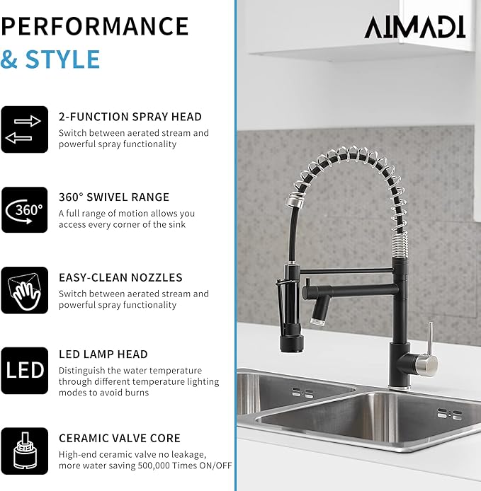 Kitchen Faucet Black AIMADI Black and Brushed Nickel Kitchen Faucet with Pull Down Sprayer,Single Handle Faucet for Kitchen Sink with LED Light
