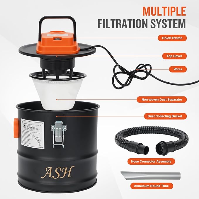 Ash Vacuum Cleaner -2.6 Gallon Fireplace Ash Vac with 800w Powerful Hose Non-Woven Dust Separator | Dry Stove Vacuum for Fireplaces Pellet Grill Wood Stove Fire Pits Orange