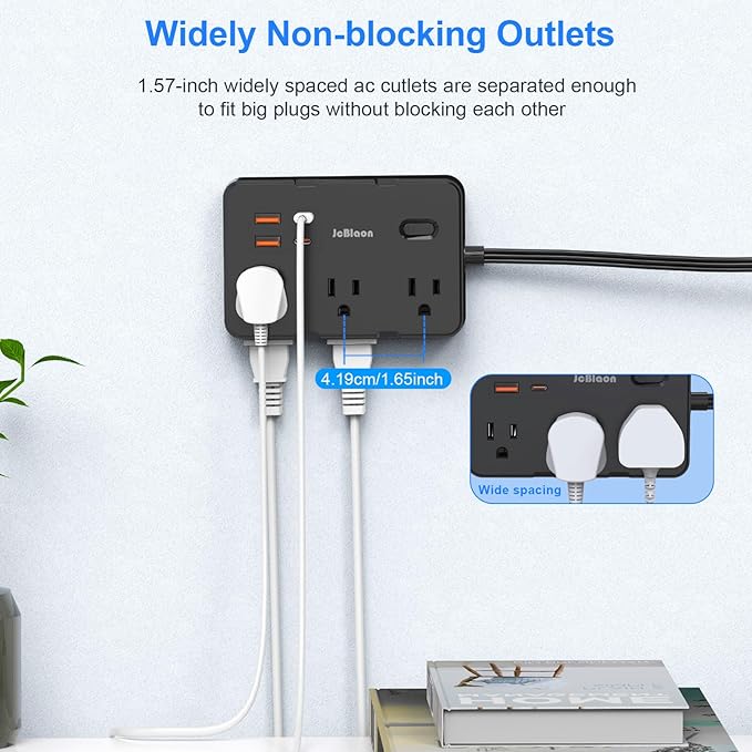 Flat Plug Power Strip Surge Protector, 5ft Ultra Thin Extension Cord with 4 USB Wall Charger(2 USB C Port), 6 Widely-Spaced Outlets Power Strip Compact for Travel, Office, Dorm Room Essentials (Black)