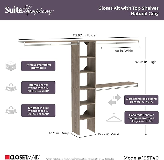 ClosetMaid 1951140 SuiteSymphony 16-Inch Closet Organizer with Shelves, Natural Gray