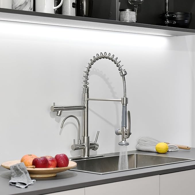 Fapully 3 in 1 Kitchen Faucet with Water Filler and Pull Down Sprayer,Brushed Nickel Commercial Kitchen Sink Faucet with Drinking Water Faucet