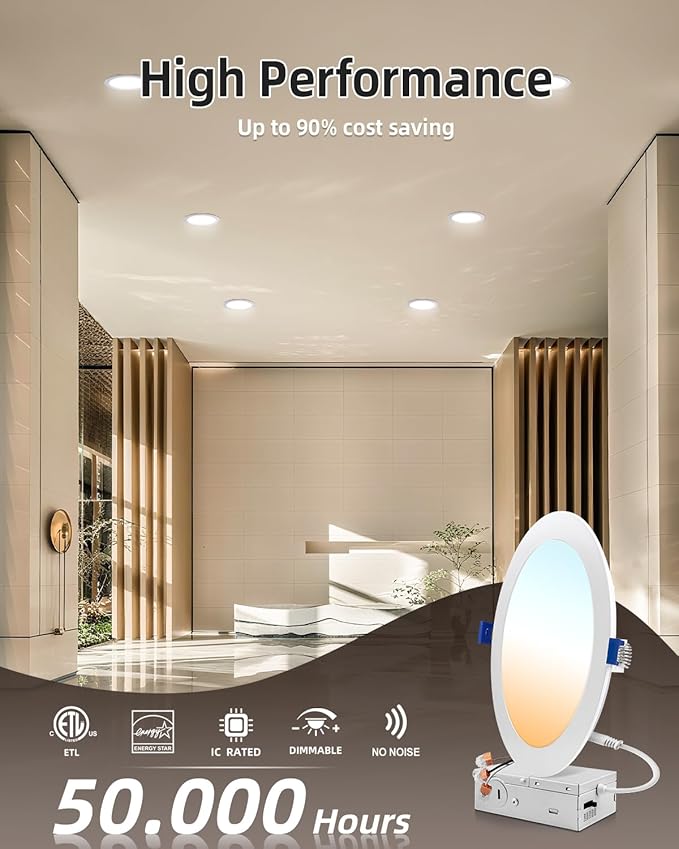 zouzai 8 Inch Ultra-Thin LED Recessed Ceiling Light with Junction Box, 18W (150W Eqv), 1620LM, Dimmable 5CCT 2700K/3000K/3500K/4000K/5000K Selectable, ETL & Energy Star Certified【6 Pack】