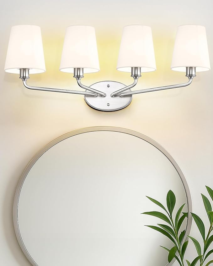 Emak 29 Inch Brushed Nickel Vanity Light, 4-Light Bathroom Light Fixtures with Flared White Fabric Shade, Modern Vanity Lights for Bathroom, Mirror, VL132-BN-WF-4