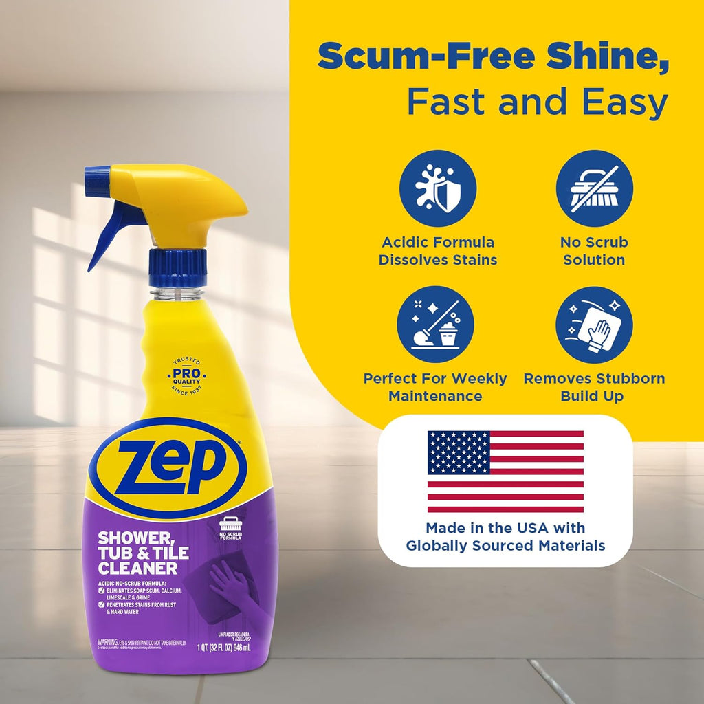 Zep Shower Tub and Tile Cleaner - 32 oz (Case of 12) - ZUSTT32PF - An Acidic, Scrub Free Formula To Dissolve Many Common Water-Related Bathroom Stains