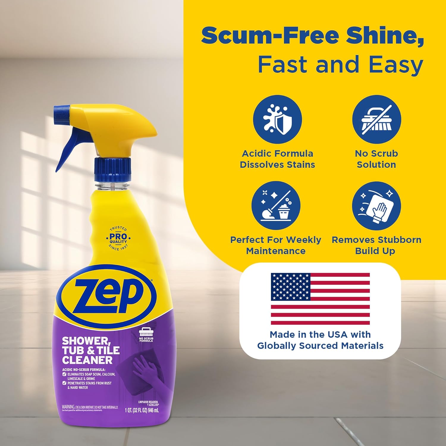 Zep Shower Tub and Tile Cleaner - 32 oz (Case of 12) - ZUSTT32PF - An Acidic, Scrub Free Formula To Dissolve Many Common Water-Related Bathroom Stains