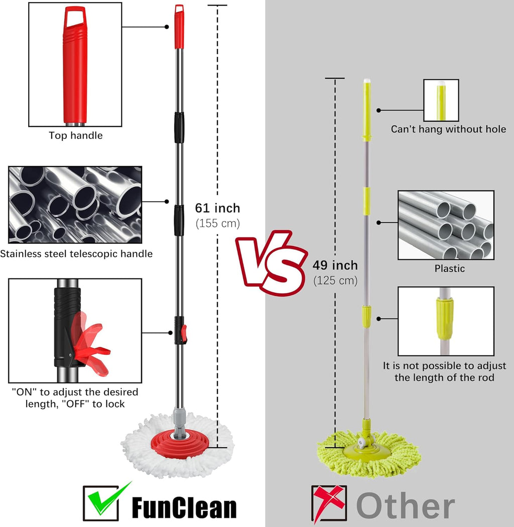 FunClean 360° Spin Mop and Bucket Set with Wringer, 6 Extra Microfiber Heads, 61" Extended Handle for Effortless Floor Cleaning, 2X Wheel Design - Black