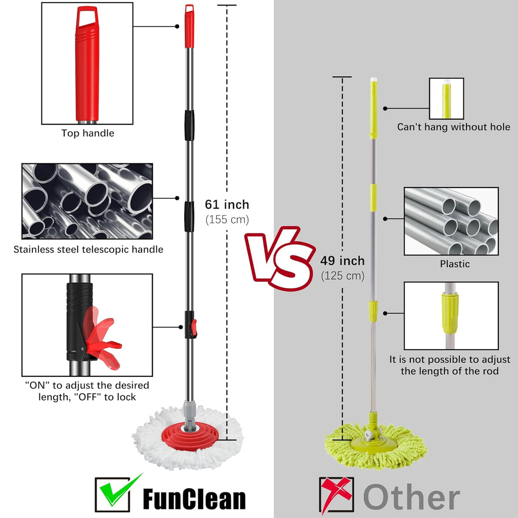 FunClean 360° Spin Mop and Bucket Set with Wringer, 4 Extra Microfiber Heads, 61" Extended Handle for Effortless Floor Cleaning, 2X Wheel Design - Black