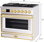 Akicon 36"Professional Custom Style Gas Range with 5.2 Cu. Ft. Oven, 6 Burners, Convection Fan, Cast Iron Grates, Clock and Timer